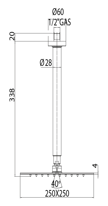 Immagine di Bossini TETIS soffione quadrato 25 cm, con braccio doccia verticale 30 cm, finitura cromo H30874G00030009