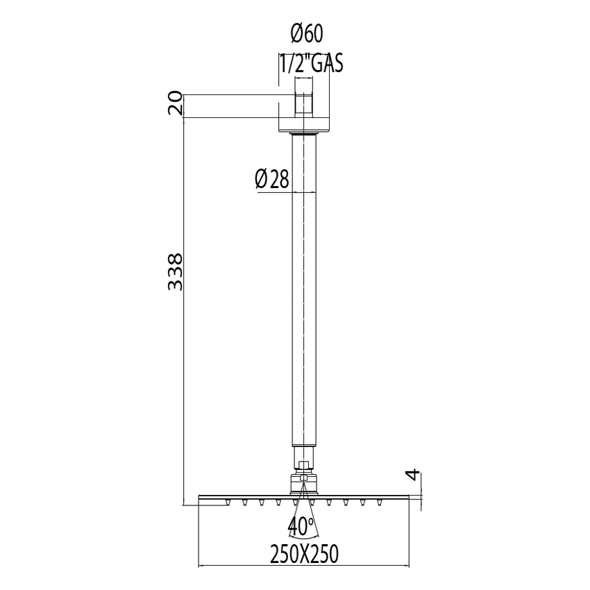 Immagine di Bossini TETIS soffione quadrato 25 cm, con braccio doccia verticale 30 cm, finitura cromo H30874G00030009