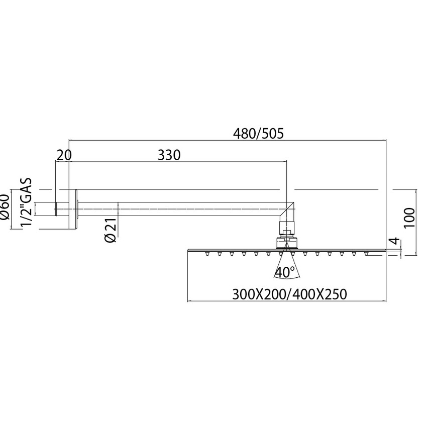 Immagine di Bossini TETIS soffione 40x25 cm, con braccio doccia orizzontale 35 cm, finitura cromo H70877H00030009