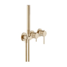 Immagine di Nobili RESPIRO miscelatore monocomando a parete per doccia, a 2 vie, con deviatore, doccetta e flessibile 150 cm, senza corpo incasso, finitura miele spazzolato PVD WESK100/1RSCGP