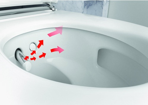 Immagine di Geberit AQUACLEAN MERA COMFORT vaso sospeso, senza brida, completo di sedile con funzione bidet a chiusura ammortizzata e cover cromo lucido, colore bianco finitura lucido 146.210.21.1