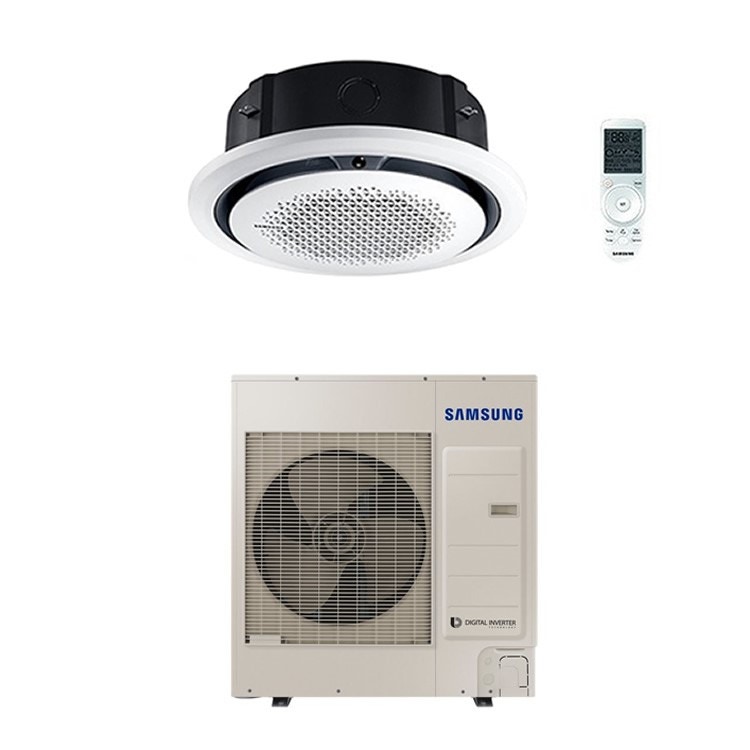 Immagine di Samsung CASSETTA 360° Climatizzatore monosplit inverter, trifase | unità esterna 10 kW unità interna 35000 BTU Con pannello circolare bianco e comando wireless  AC100MN4PKH/EU-AC100MXADNH/EU-PC4NUNMAN-AR-KH00E