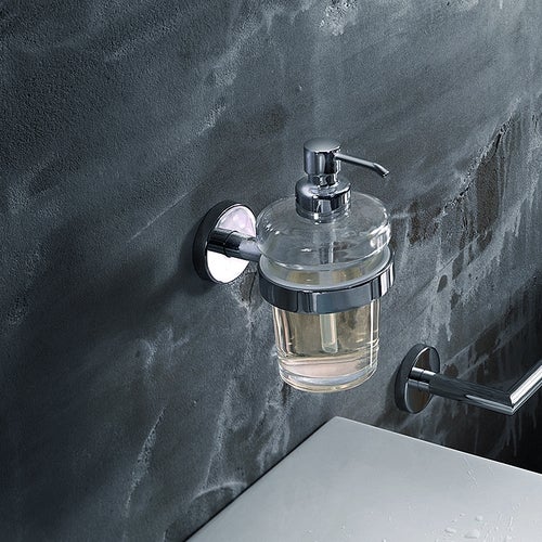 Immagine di Inda GEALUNA spandisapone a parete con contenitore in vetro extrachiaro trasparente, erogatore in ottone cromato A10120CR03
