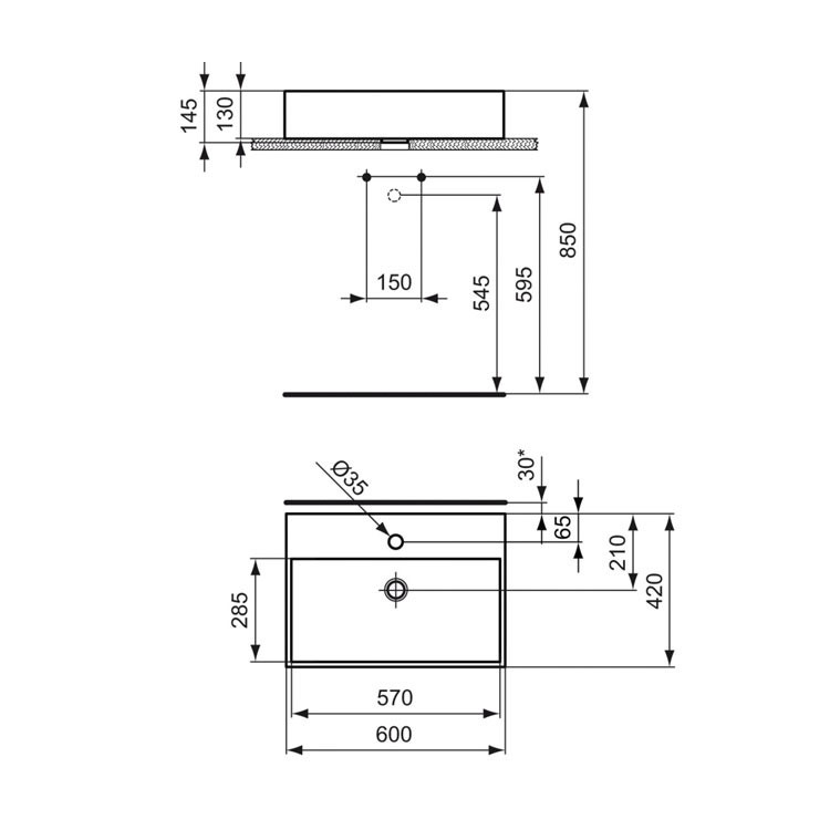 Immagine di Ideal Standard STRADA lavabo da appoggio L.60 P.42 cm, con foro per rubinetteria e troppopieno, colore bianco K078101