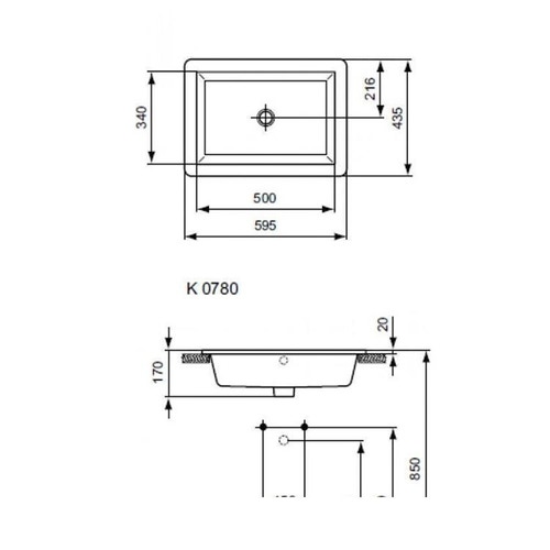 Immagine di Ideal Standard STARADA lavabo da incasso soprapiano L.60 P.44 cm, senza foro rubinetteria, con troppopieno, colore bianco K078001