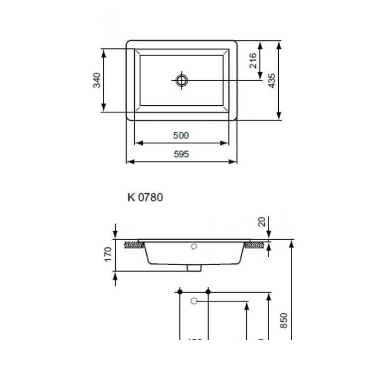 Immagine di Ideal Standard STARADA lavabo da incasso soprapiano L.60 P.44 cm, senza foro rubinetteria, con troppopieno, colore bianco K078001