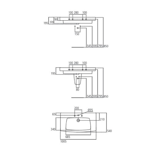 Immagine di Ideal Standard 21 lavabo Top 100 x 54 mm con foro rubinetteria e troppopieno, bianco T001901