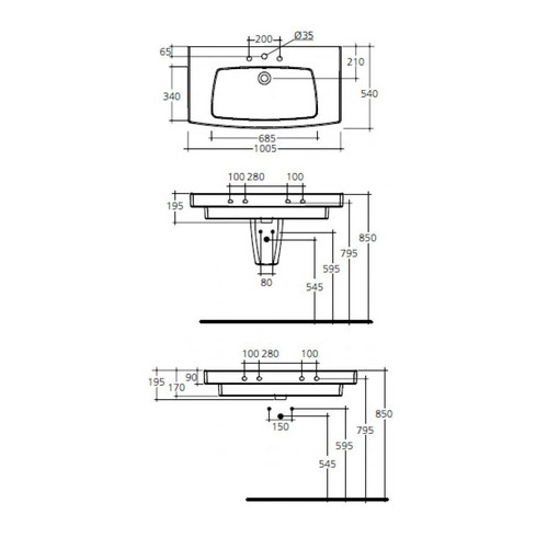 Immagine di Ideal Standard 21 lavabo Top rettificato alla base 100 x 54 cm con foro rubinetteria e troppopieno, bianco T002301