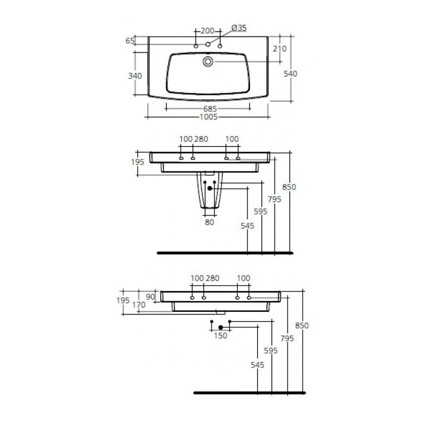 Immagine di Ideal Standard 21 lavabo Top rettificato alla base 100 x 54 cm con foro rubinetteria e troppopieno, bianco T002301