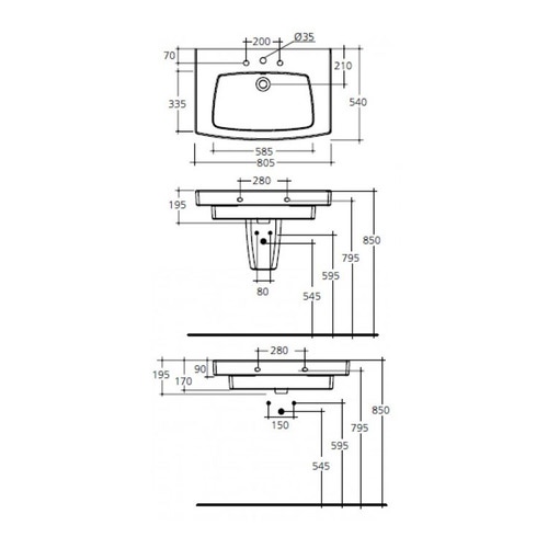 Immagine di Ideal Standard 21 lavabo Top rettificato alla base 80 x 54 cm con foro rubinetteria e troppopieno, bianco T001501