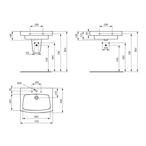 Immagine di Ideal Standard 21 lavabo Top rettificato alla base 70 x 54 cm con foro rubinetteria e troppopieno, bianco T001401