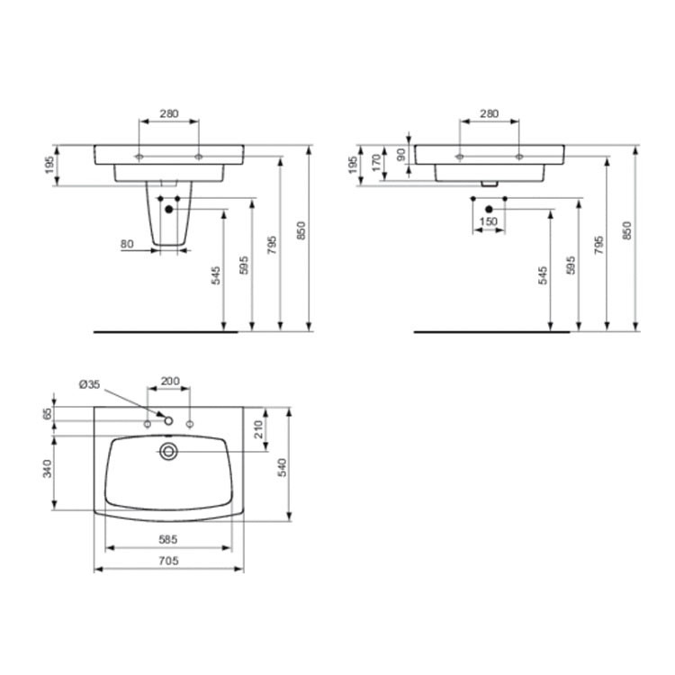 Immagine di Ideal Standard 21 lavabo Top rettificato alla base 70 x 54 cm con foro rubinetteria e troppopieno, bianco T001401
