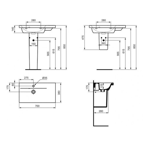 Immagine di Ideal Standard Connect Space lavabo Top asimmetrico 70 x 38 cm con ripiano destro con foro rubinetteria e troppopieno, bianco E132801