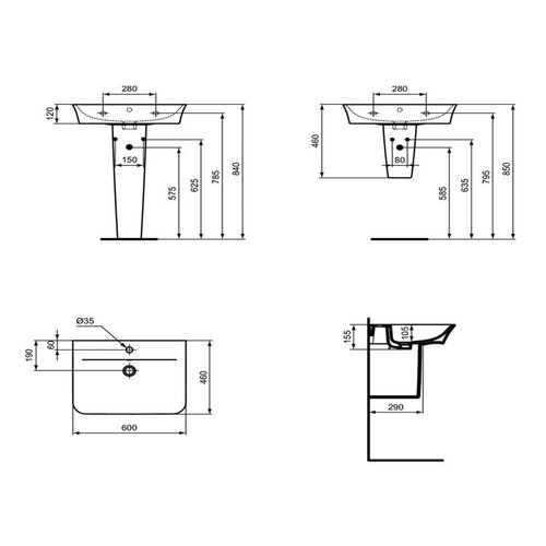 Immagine di Ideal Standard CONNECT AIR lavabo da 60 cm con foro rubinetteria e troppopieno, bianco E035501