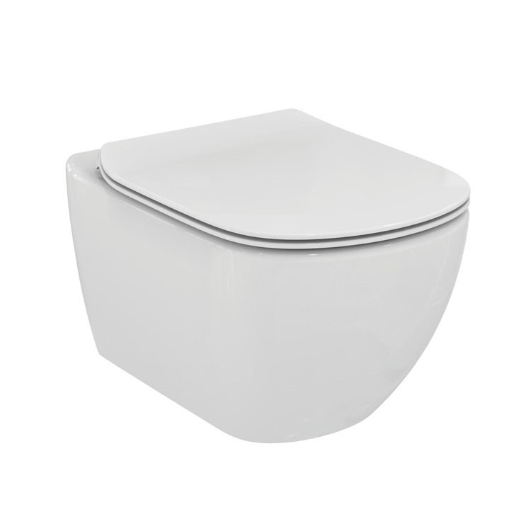 Immagine di Ideal Standard TESI vaso sospeso completo di sedile slim a cacciata con scarico a parete, fissaggi nascosti, colore bianco T354201