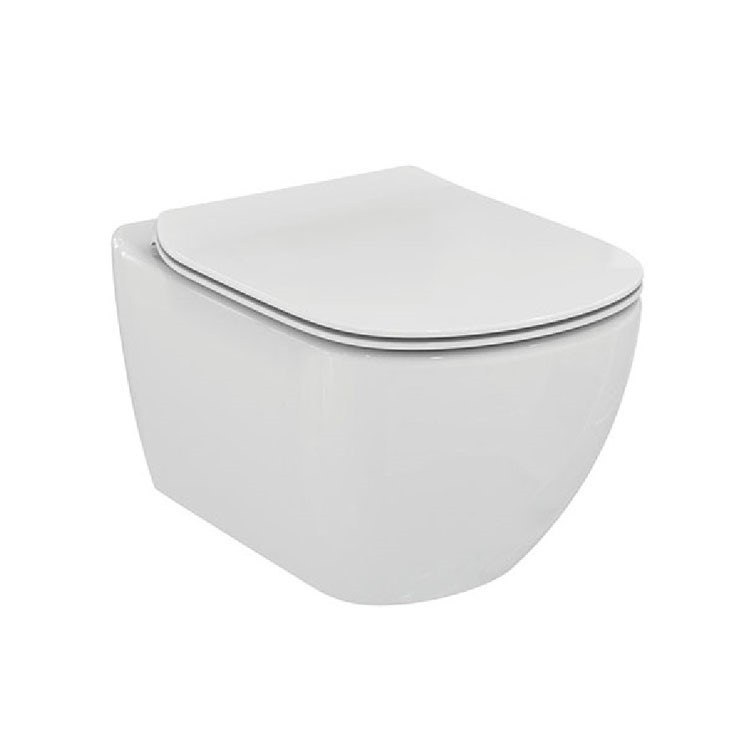 Immagine di Ideal Standard TESI vaso sospeso completo di sedile slim a chiusura rallentata, a cacciata co scarico a parete, fissaggi nascosti, colore bianco T354101