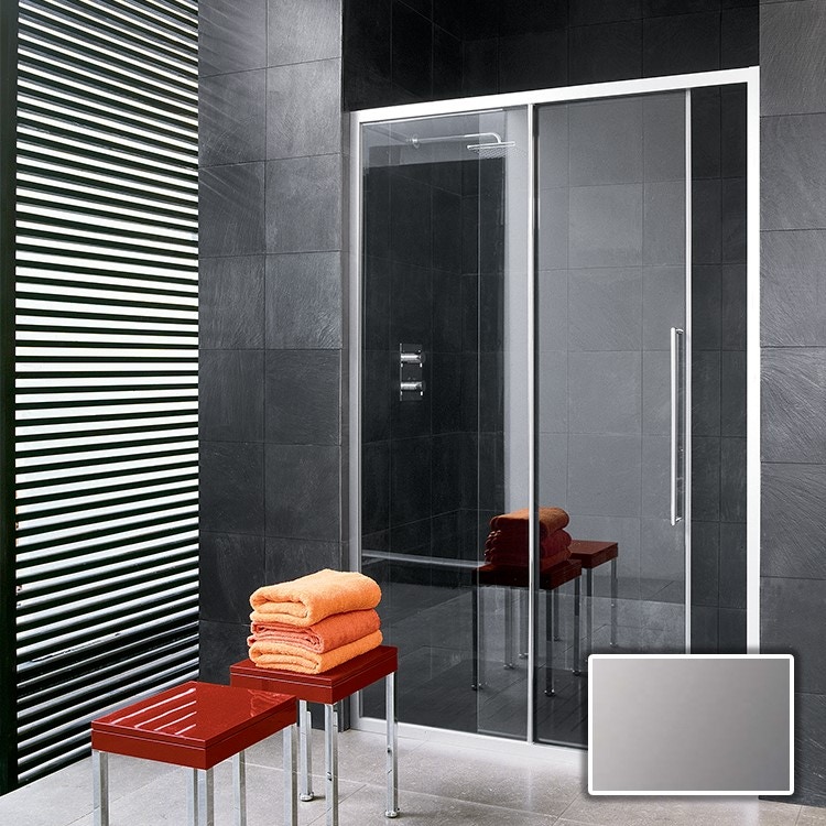 Immagine di Inda Trendy porta scorrevole sinistra per nicchia, vetro grigio, finitura cromo/silver, Trattamento Anticalcare B4430 L AK 141A
