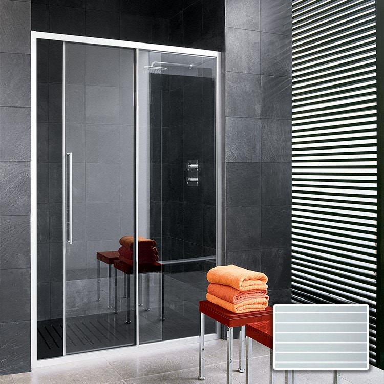 Immagine di Inda Trendy porta scorrevole destra per nicchia, vetro rigato, finitura cromo/silver, Trattamento Anticalcare B4430 R AK 511A