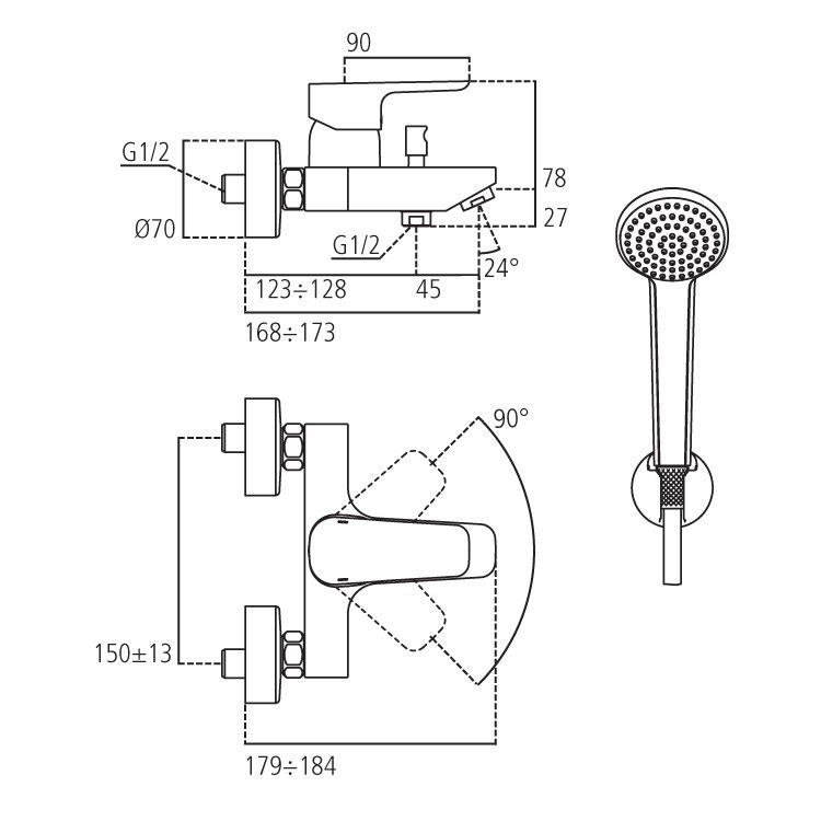 Immagine di Ideal Standard CERAPLAN III miscelatore esterno per vasca/doccia, corredato di doccetta Idealrain, finitura cromo B0719AA