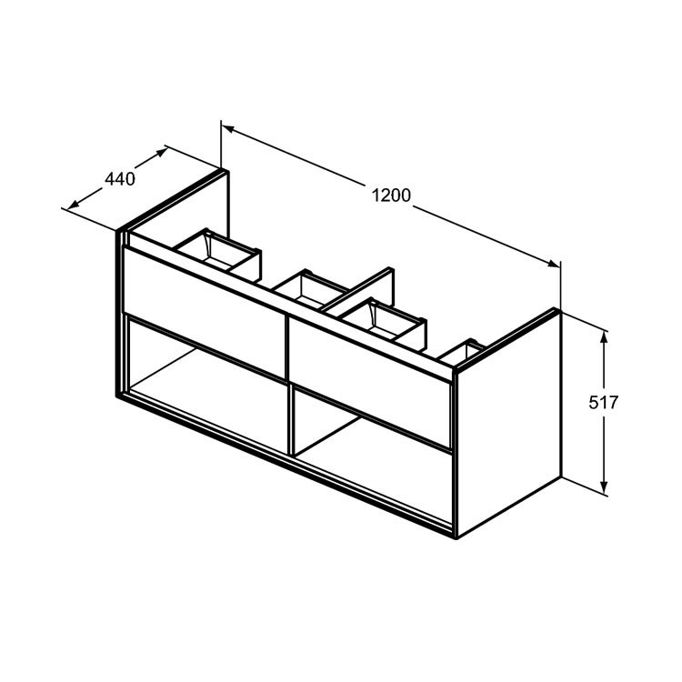 Immagine di Ideal Standard CONNECT AIR mobile sottolavabo 120 cm con 2 cassetti e 2 vani a giorno, finitura marrone scuro matt (esterno) e bianco matt (interno) E0829VY