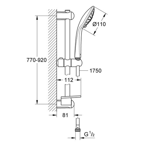 Immagine di Grohe EUPHORIA 110 MASSAGE set asta doccia con manopola doccia, asta doccia H.90 cm, flessibile 175 cm e mensola porta oggetti, finitura cromo 27226001