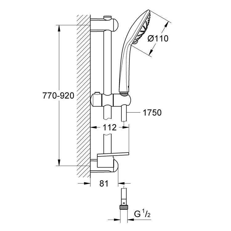 Immagine di Grohe EUPHORIA 110 MASSAGE set asta doccia con manopola doccia, asta doccia H.90 cm, flessibile 175 cm e mensola porta oggetti, finitura cromo 27226001