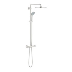 Immagine di Grohe EUPHORIA SYSTEM 310 sistema doccia con miscelatore termostatico, braccio per soffione, soffione doccia Ø 31 cm, manopola doccia, supporto regolabile e flessibile 175 cm, finitura satinato super steel 26075DC0