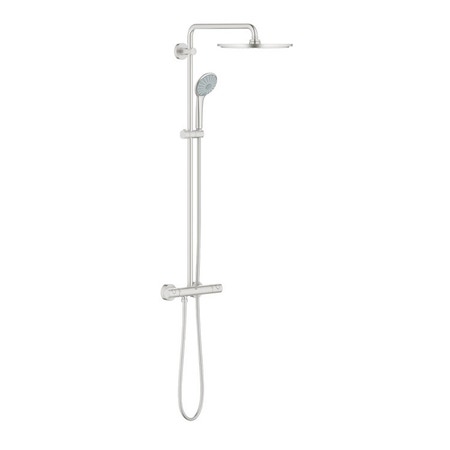 Immagine di Grohe EUPHORIA SYSTEM 310 sistema doccia con miscelatore termostatico, braccio per soffione, soffione doccia Ø 31 cm, manopola doccia, supporto regolabile e flessibile 175 cm, finitura satinato super steel 26075DC0