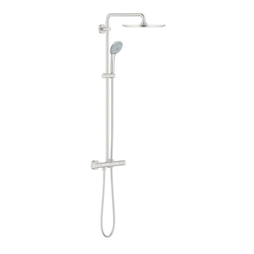 Immagine di Grohe EUPHORIA SYSTEM 310 sistema doccia con miscelatore termostatico, braccio per soffione, soffione doccia Ø 31 cm, manopola doccia, supporto regolabile e flessibile 175 cm, finitura satinato super steel 26075DC0