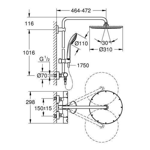 Immagine di Grohe EUPHORIA SYSTEM 310 sistema doccia con miscelatore termostatico, braccio per soffione, soffione doccia Ø 31 cm, manopola doccia, supporto regolabile e flessibile 175 cm, finitura satinato super steel 26075DC0