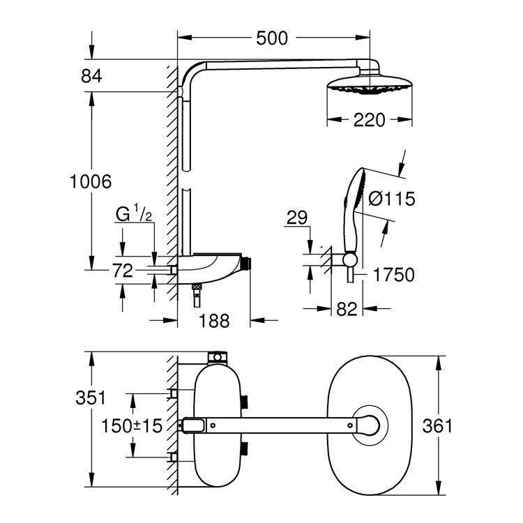 Immagine di Grohe RAINSHOWER SYSTEM SMARTCONTROL DUO 360 sistema doccia con miscelatore termostatico, con soffione doccia con disco getti bianco, colore bianco finitura lucido 26250LS0