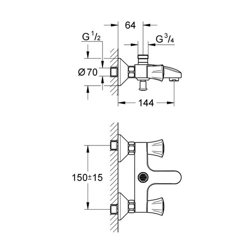 Immagine di Grohe ADRIA batteria per vasca o doccia, a parete, con deviatore automatico, finitura cromo 25452001