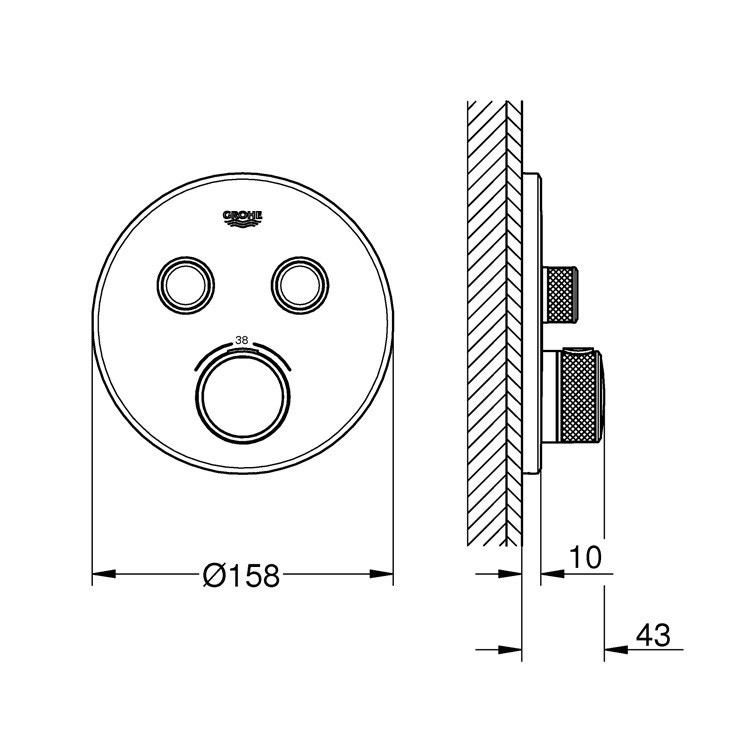 Grohe 29119000 Grohtherm SmartControl Miscelatore Termostatico A 2 Vie   Grohe 29119000 Grohe Grohtherm Smartcontrol Miscelatore Termostatico A 2 Vie Finitura Cromo Diametro 158 Cm 01 Disegno Tecnico 