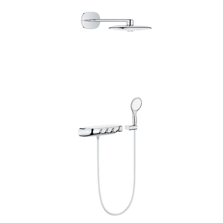 Immagine di Grohe RAINSHOWER SYSTEM SMARTCONTROL DUO 360 sistema doccia con termostatico Grohtherm SmartControl con combinazione esterna/ad incasso, soffione doccia con disco getti, colore bianco finitura lucido 26443LS0