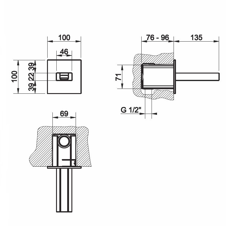 Immagine di Gessi RETTANGOLO CASCATA parti esterne per bocca da parete a cascata con attacco da 1/2" alimentata con comando remoto (non incluso) erogazione 135 mm finitura cromo 30982#031