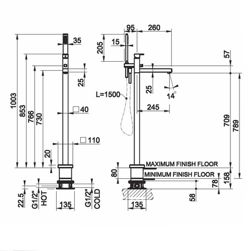Immagine di Gessi RETTANGOLO parti esterne per piantana esterno vasca con doccetta finitura rame brushed PVD 24968#708