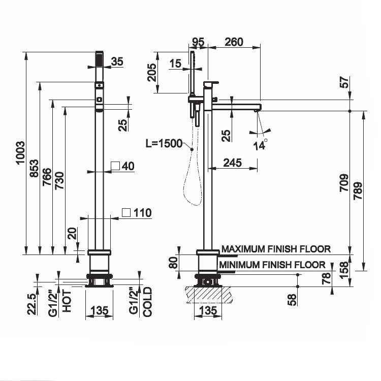 Immagine di Gessi RETTANGOLO parti esterne per piantana esterno vasca con doccetta finitura rame brushed PVD 24968#708