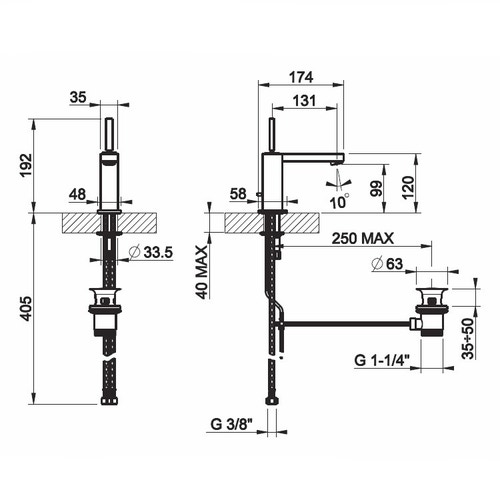 Immagine di Gessi RETTANGOLO J miscelatore joystick lavabo piletta da 1 1/4" e flessibili di collegamento con attacco da 3/8" finitura finox 20601#149