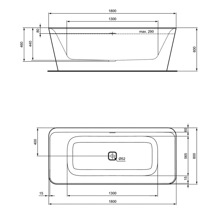 Immagine di Ideal Standard TONIC II vasca 180 x 80 cm per installazione centro stanza dotata di colonna di scarico e telaio, bianco E398101