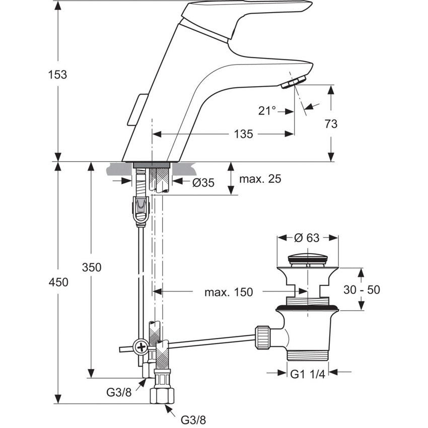 Immagine di Ideal Standard CERAMIX BLUE miscelatore monocomando per lavabo con tubi flessibili, con piletta in metallo, finitura cromo A5646AA
