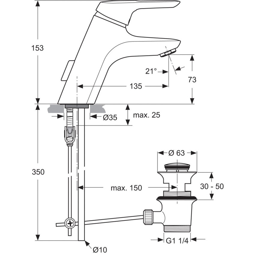 Immagine di Ideal Standard CERAMIX BLUE miscelatore monocomando per lavabo con tubi rigidi, con piletta in metallo, finitura cromo A5653AA