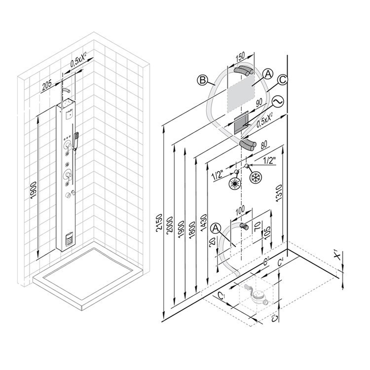 Immagine di Teuco Chapeau Colonna con erogatore di vapore + kit di istallazione fuori muro P548S2-K154