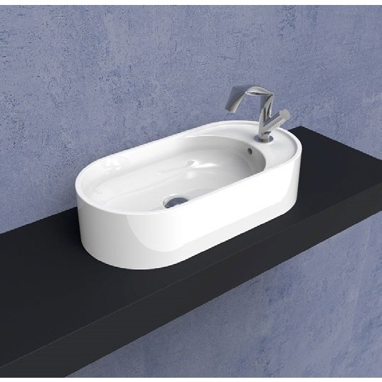 Immagine di Flaminia PASS 60 lavabo ovale 60 cm da appoggio con piano rubinetteria laterale, bianco PS60AT