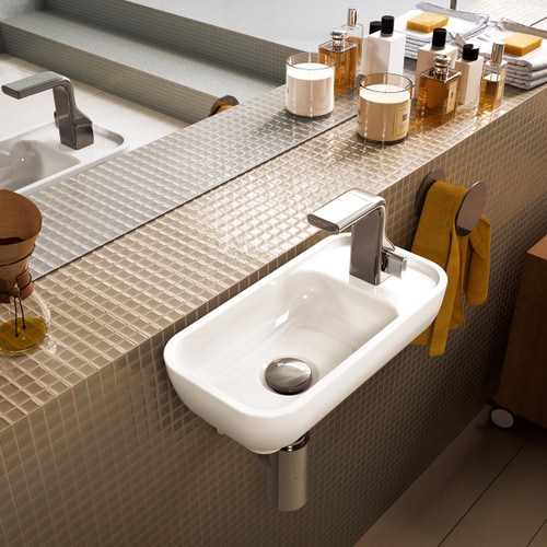 Immagine di Flaminia PASS lavabo L.40 P.22 cm da appoggio o sospeso, senza troppopieno, con foro per rubinetteria a destra, colore bianco finitura lucido PS40LD