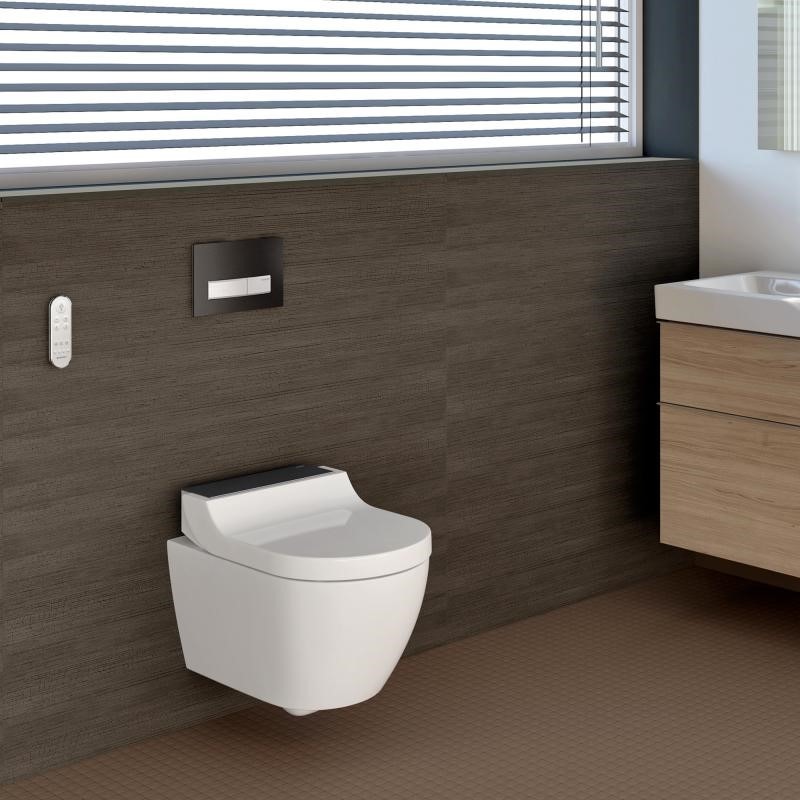 Immagine di Geberit AQUACLEAN TUMA COMFORT vaso sospeso, senza brida, completo di sedile con funzione bidet e chiusura ammortizzata, colore bianco con cover colore nero finitura vetro lucido 146.290.SJ.1