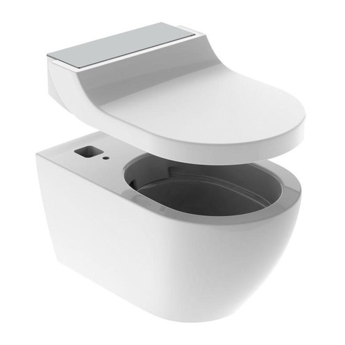 Immagine di Geberit AQUACLEAN TUMA COMFORT sedile con funzione bidet e chiusura ammortizzata, colore bianco con cover finitura acciaio inox spazzolato 146.270.FW.1