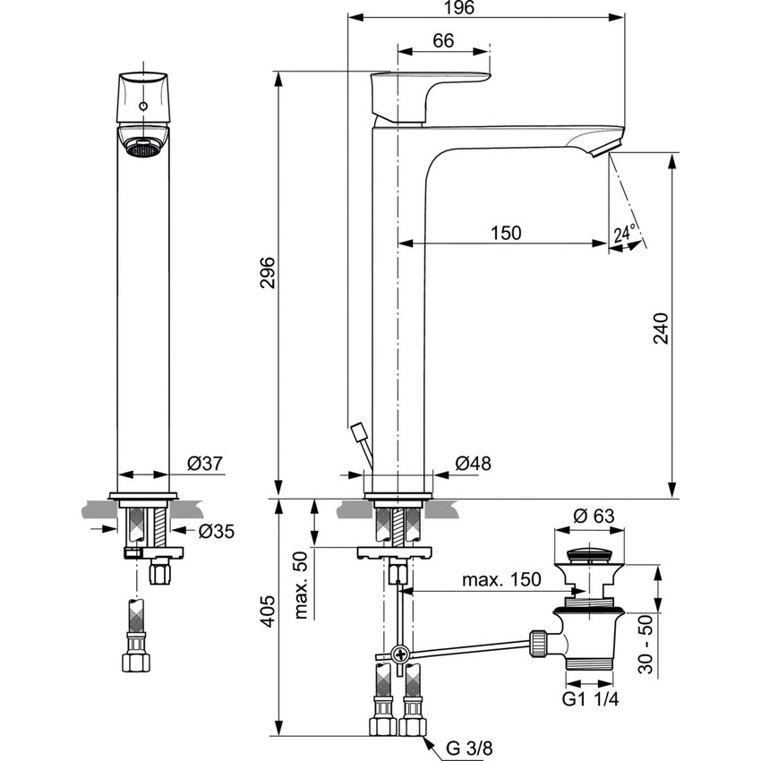 Immagine di Ideal Standard CONNECT AIR miscelatore monocomando da appoggio su piano, con asta di comando e scarico piletta, finitura cromo A7025AA