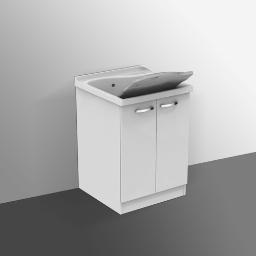 Immagine di Ideal Standard LAGO lavatoio con mobile L.61 P.60 cm colore bianco con asse in legno e set sifone T473001+J0028PW+152.885.11.1