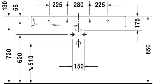 Immagine di Duravit Vero lavabo consolle 120 cm senza troppopieno tre fori, con bordo per rubinetteria, lato inferiore smaltato, bianco 0454120044