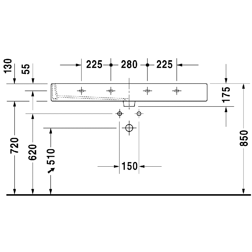 Immagine di Duravit Vero lavabo consolle 120 cm senza troppopieno tre fori, con bordo per rubinetteria, lato inferiore smaltato, bianco 0454120044